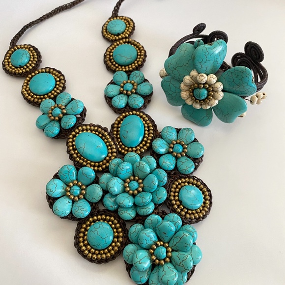 Turquoise Chunky Statement Necklace & Bracelet Set - Picture 1 of 6